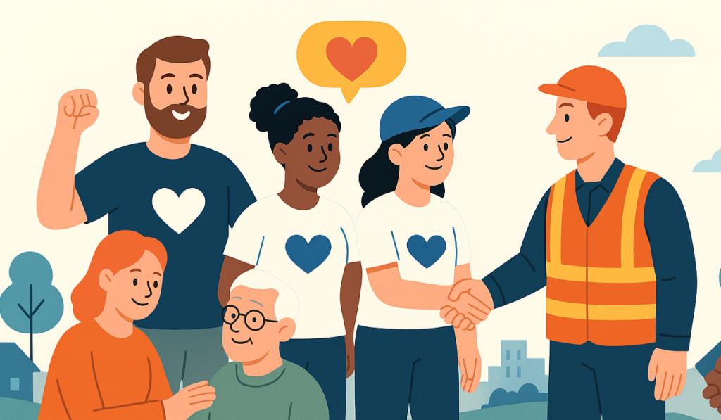 Illustration von engagierten Menschen unterschiedlichen Alters und Herkunft, die sich unterstützen und die Hände schütteln – symbolisiert Zusammenhalt, Anerkennung und das gemeinsame Ziel, das Ehrenamt zu stärken.