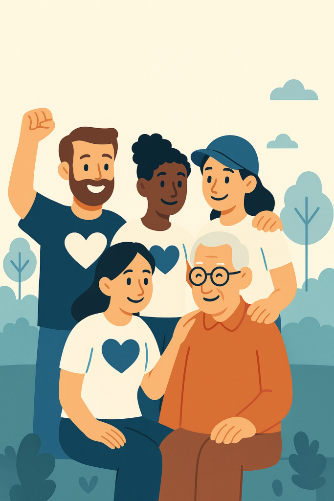 Illustration einer Gruppe engagierter junger Menschen, die einem älteren Mann ihre Unterstützung und Zuwendung zeigen – symbolisiert Dankbarkeit, Anerkennung und die Wirkung von Wertschätzungsprogrammen im Ehrenamt.