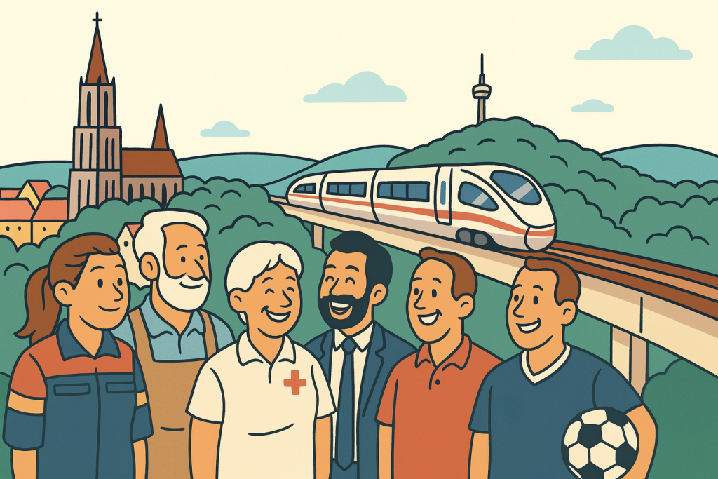 Illustration von engagierten Menschen aus verschiedenen Bereichen des Ehrenamts – darunter Rettungsdienst, Handwerk, Pflege, Verwaltung und Sport – vor einer typischen Baden-Württemberg-Kulisse mit Kirche, Fernsehturm und ICE-Zug. Symbol für Vielfalt und Zusammenhalt im Ehrenamt in Baden-Württemberg.